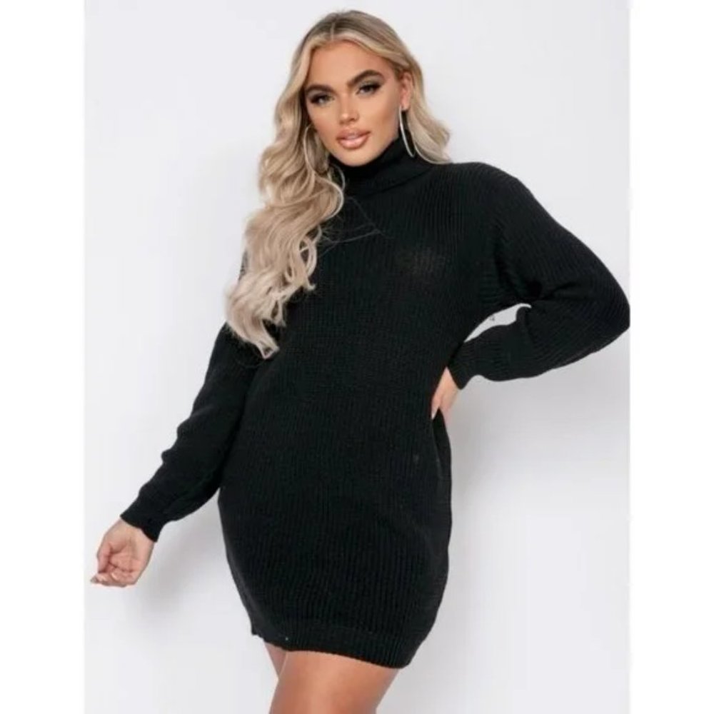 Black Knitted Long Sleeve Turtle Neck Loose Fit Mini Sweater Dress - Picture 1 of 9